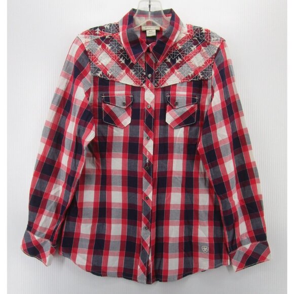 Ariat Top Small Western Pearl Snap Equestrian Plaid Embroidered NEW - Picture 1 of 14
